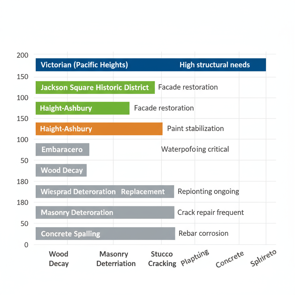 Horizontal bar chart comparing San Francisco historic districts by building count and common restoration issues