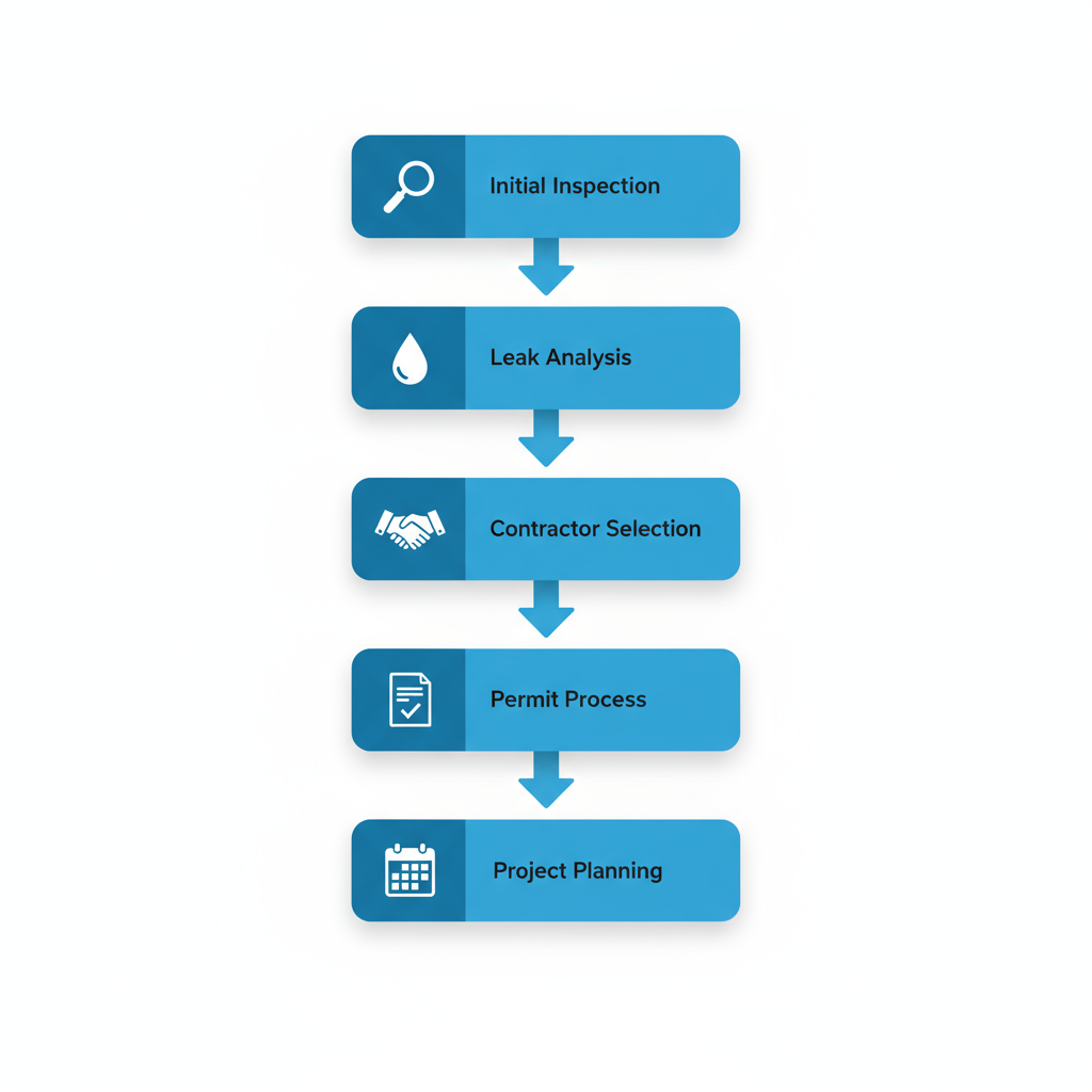 Vertical process flow diagram showing five steps for initiating facade restoration in San Francisco