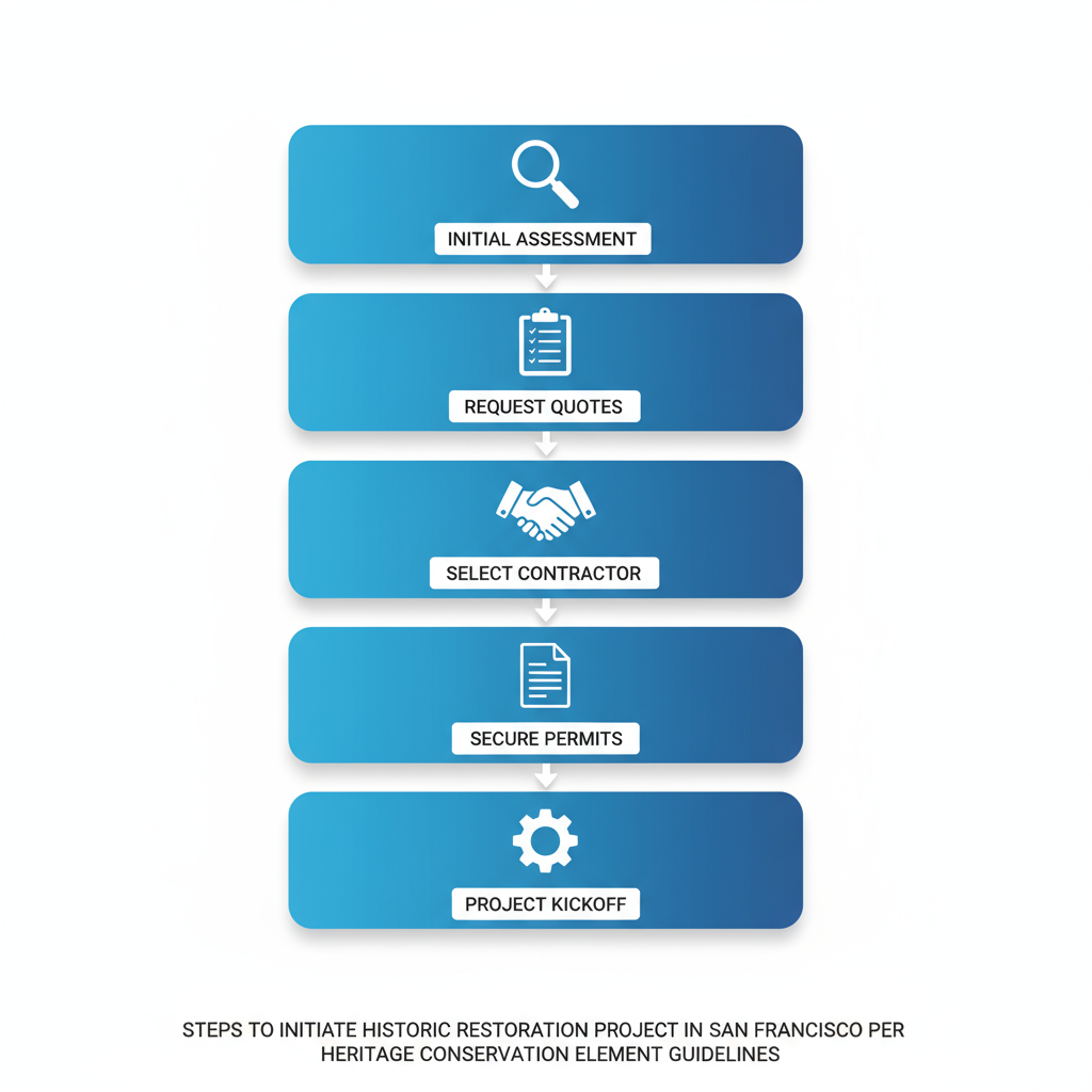 Vertical process flow diagram outlining five stages to initiate a historic restoration project in San Francisco