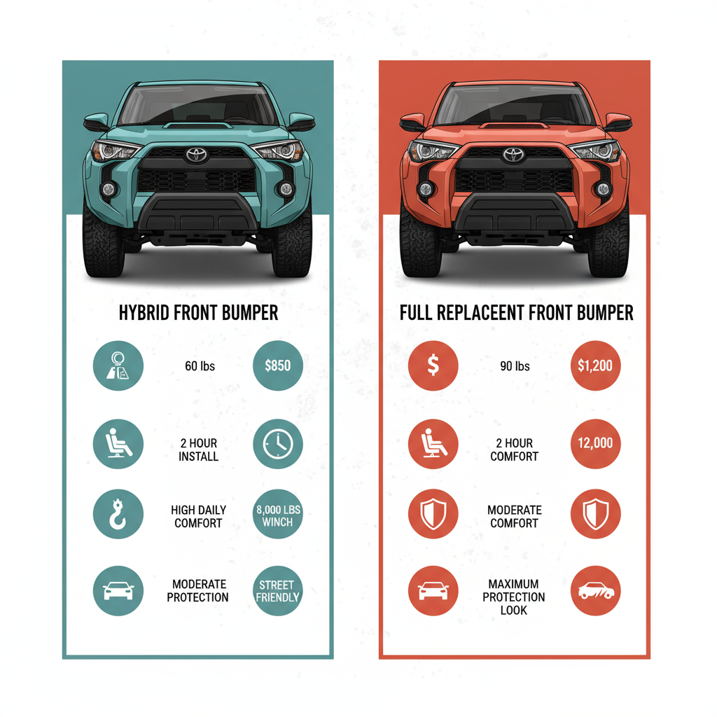 Infographic comparing hybrid and full replacement front bumpers for Toyota 4Runner, highlighting key features like weight, cost, and protection.