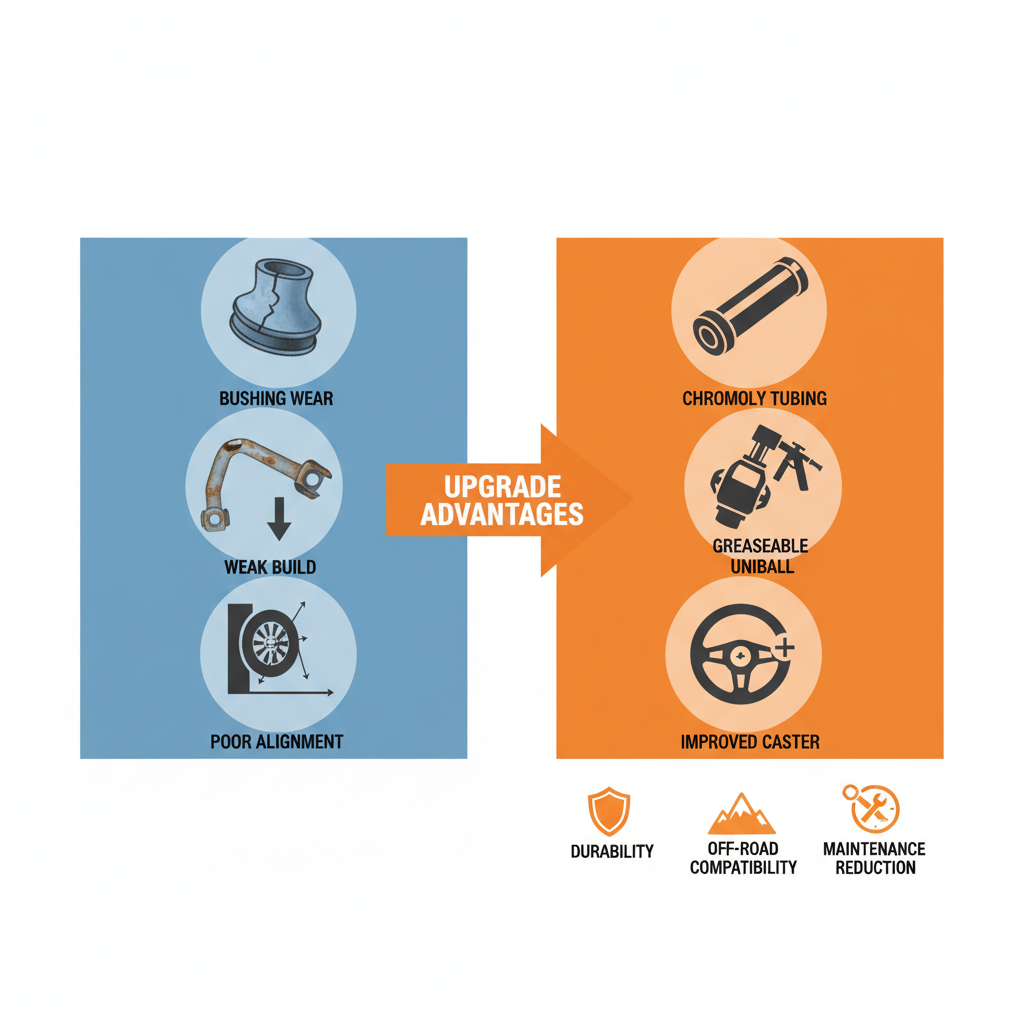 Infographic comparison of stock versus JBA upper control arms for Tacoma, showing issues and benefits with icons and arrow.