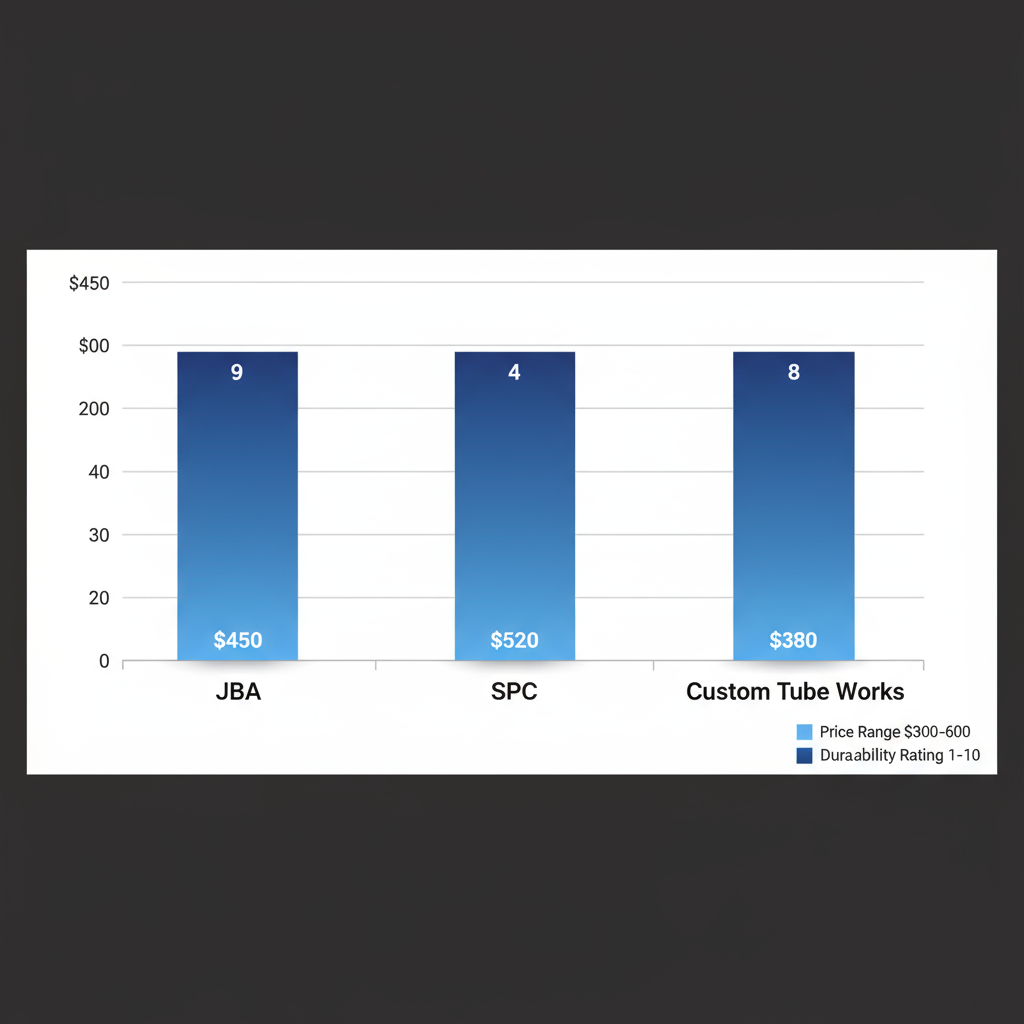 Horizontal bar chart comparing JBA, SPC, and Custom Tube Works upper control arms for Tacoma trucks by price, adjustment degrees, and durability ratings