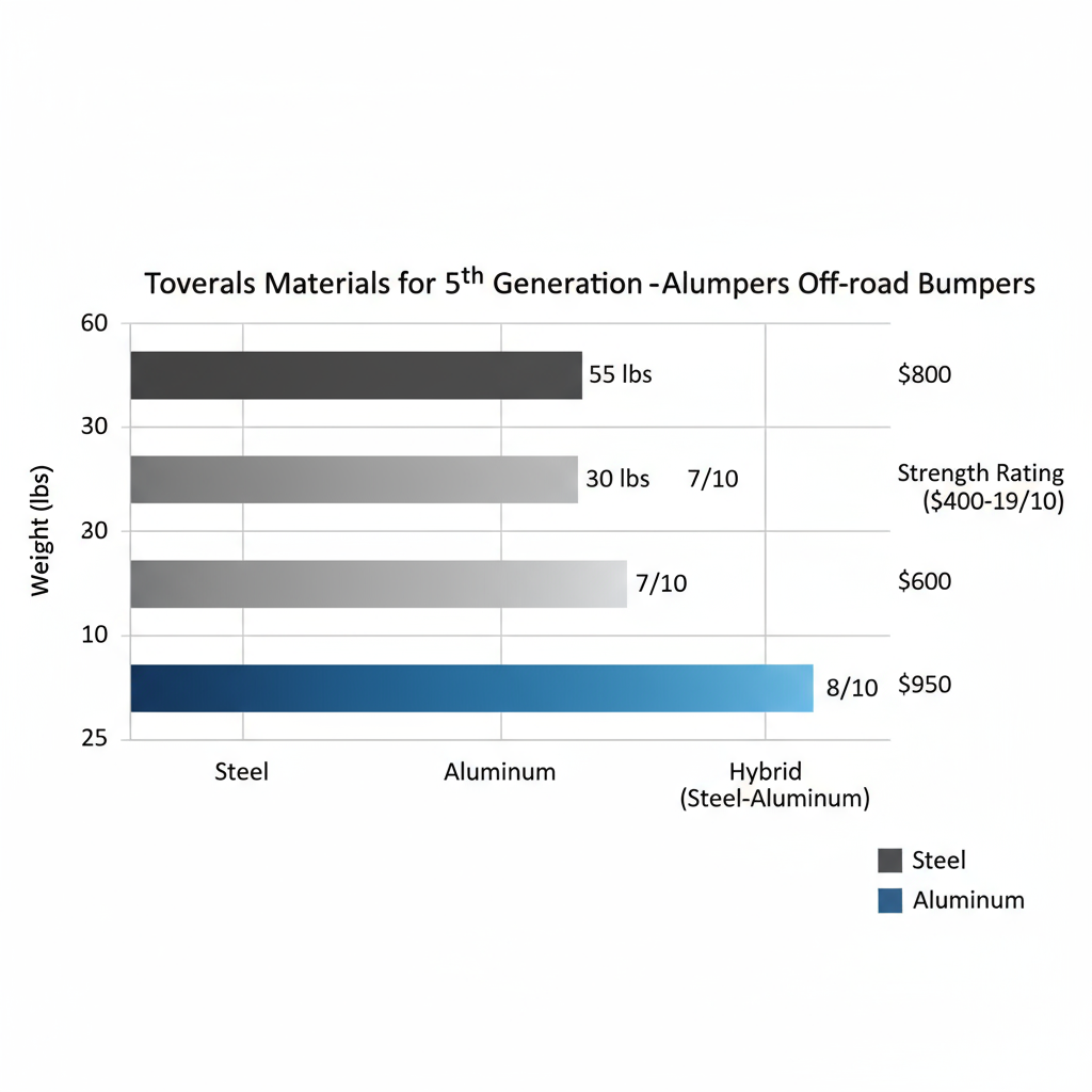 Horizontal bar chart comparing materials for 5th gen Toyota 4Runner off-road bumpers by weight, strength, and cost