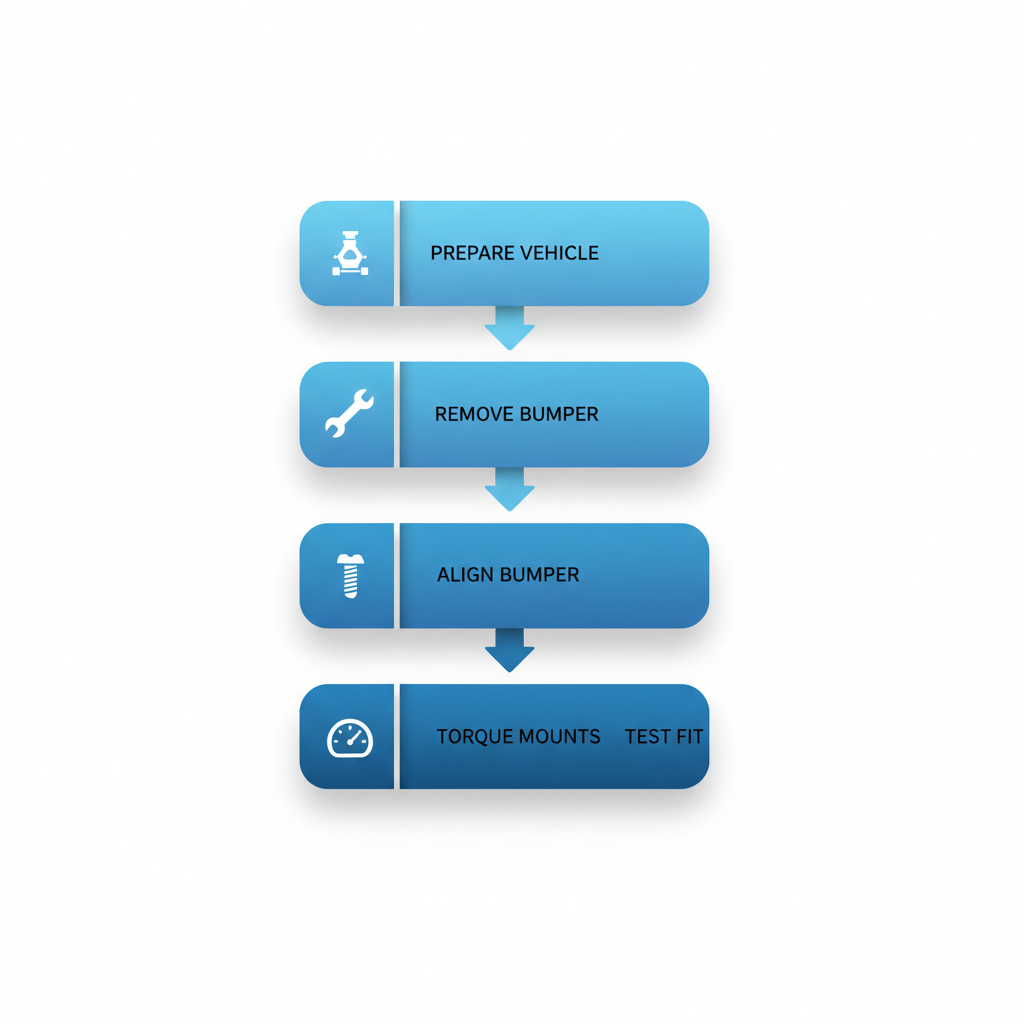 Vertical process flow diagram illustrating the installation steps for an off-road bumper on a 5th generation Toyota 4Runner with icons and brief descriptions.