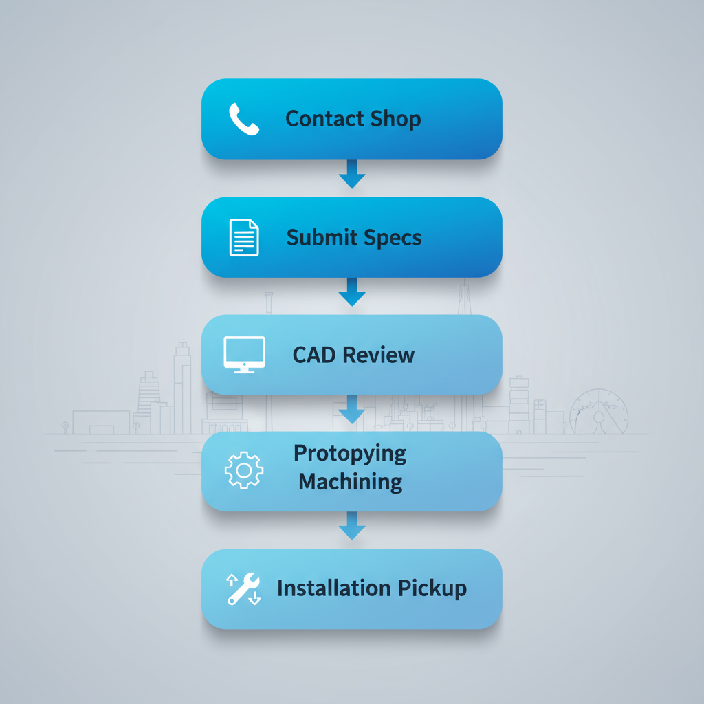 Vertical process flow diagram for initiating a custom fabrication project in San Diego with five stages