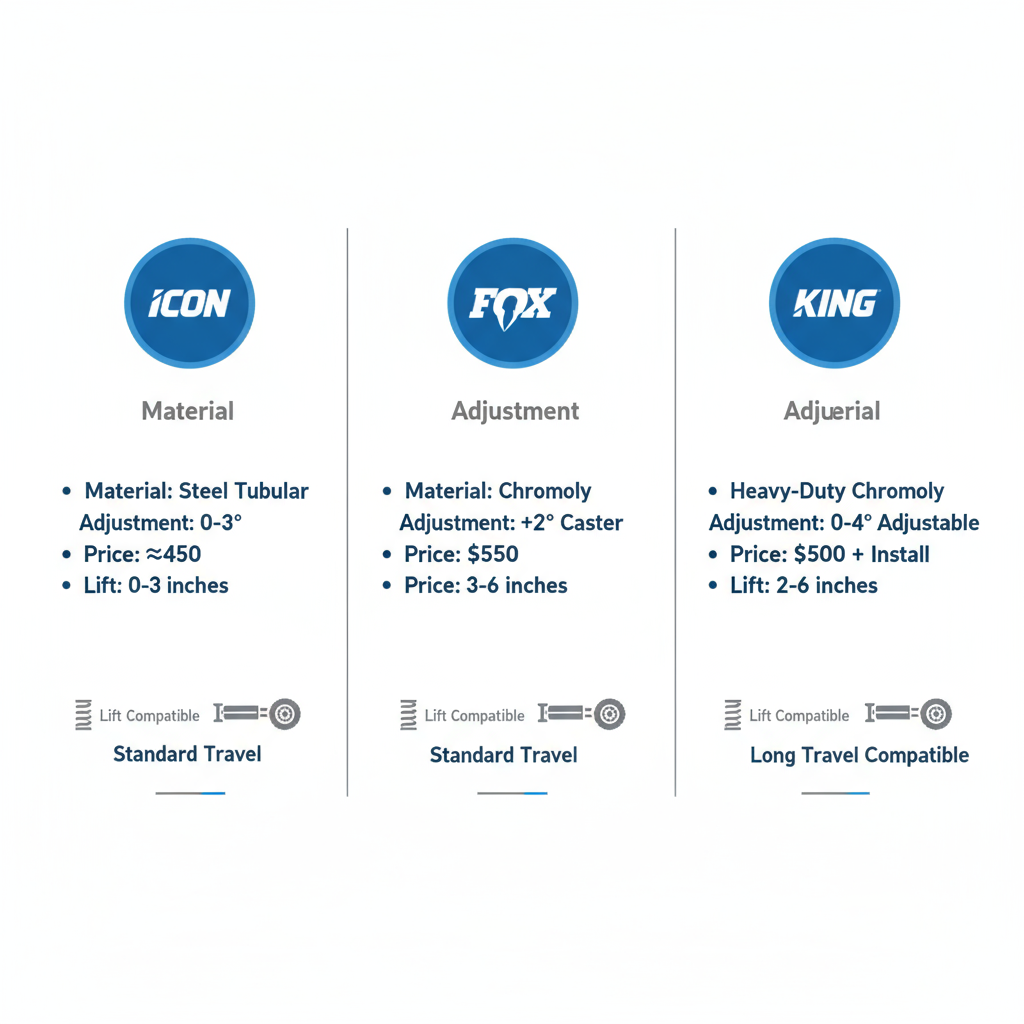 Infographic comparing SPC, Total Chaos, and Custom Tube Works upper control arms for Toyota Tacoma, highlighting key specs, adjustments, prices, and compatibility icons.