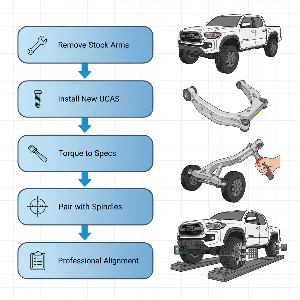 Vertical process flow diagram showing five steps to install upper control arms on a Toyota Tacoma truck