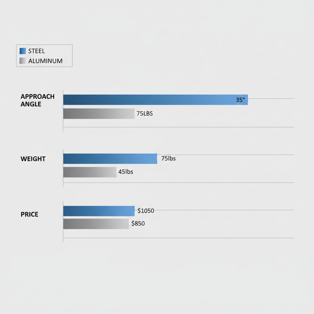 Horizontal bar chart comparing steel and aluminum high clearance bumpers for Toyota 4Runner by approach angle, weight, and price