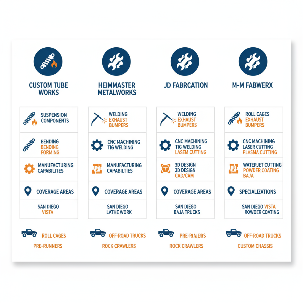 Infographic comparing custom fabrication shops in San Diego with icons for services, capabilities, areas, and specializations