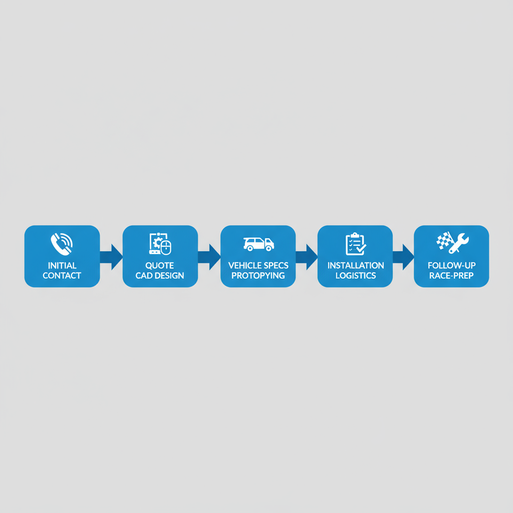 Horizontal process flow diagram of five steps to start a custom off-road fabrication project