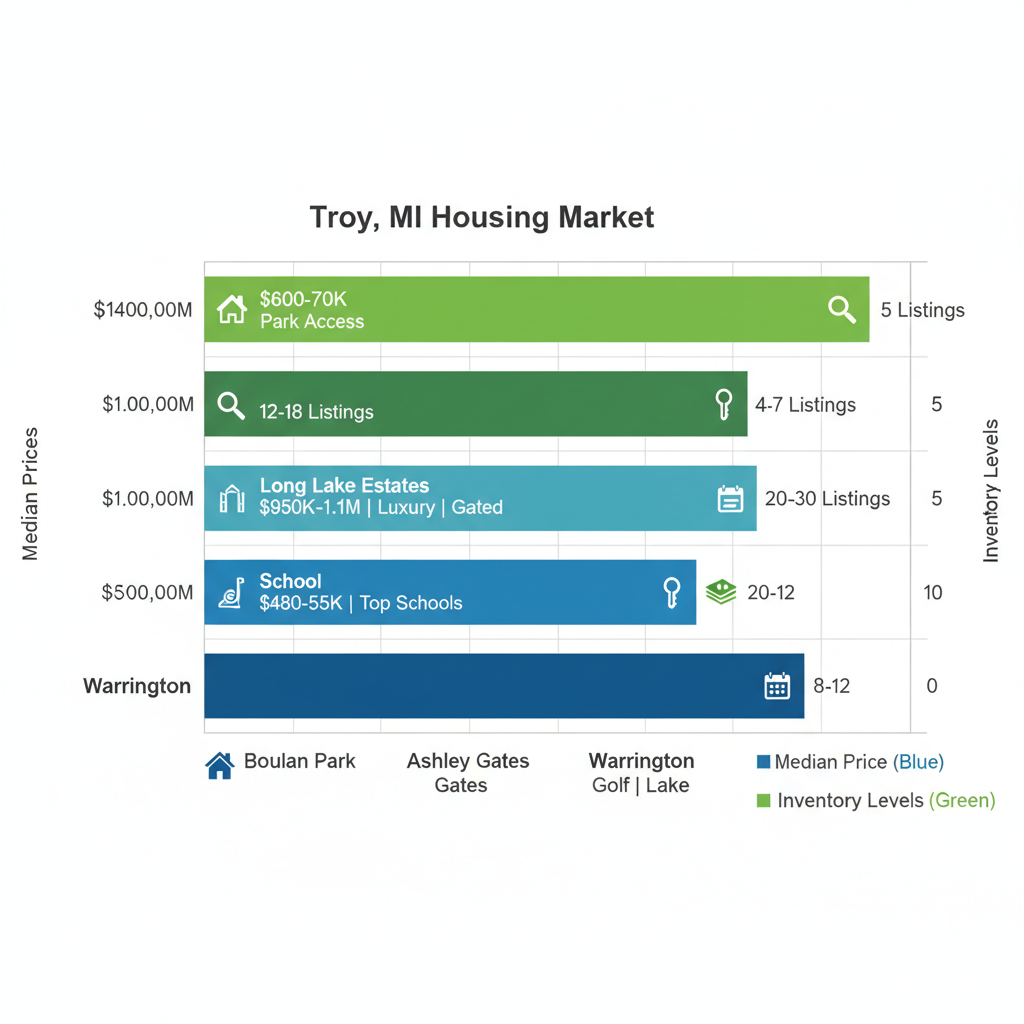 Horizontal bar chart comparing average home prices and inventory across Troy MI neighborhoods Boulan Park, Long Lake Estates, Ashley Gates, and Warrington