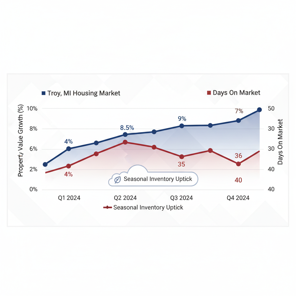 Line chart depicting Troy MI real estate trends over 2024, showing property value changes and days on market with blue and red lines.