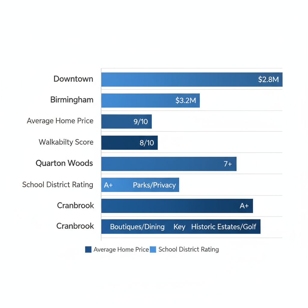Horizontal bar chart comparing average home prices, walkability scores, school ratings, and key amenities across three Birmingham MI neighborhoods