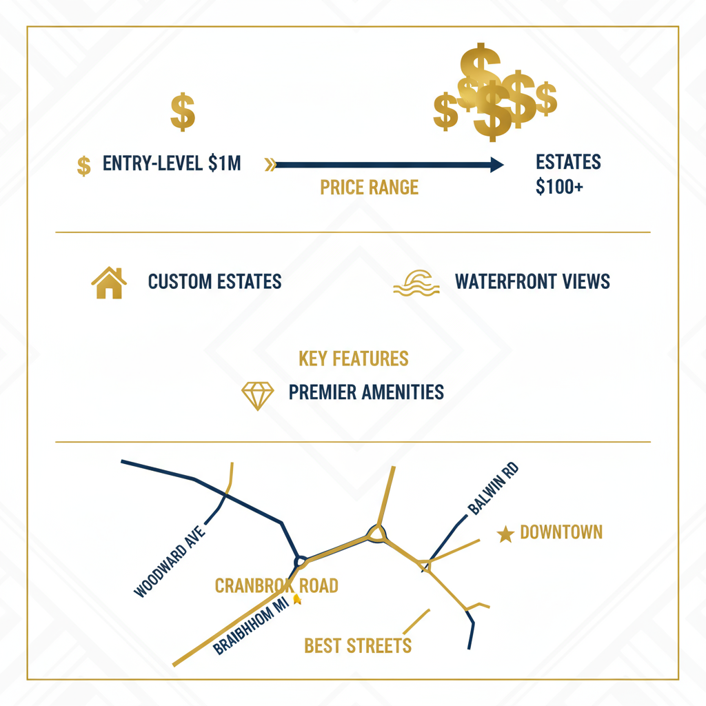 Infographic of luxury home options in Birmingham MI showing price ranges, key features, and best streets