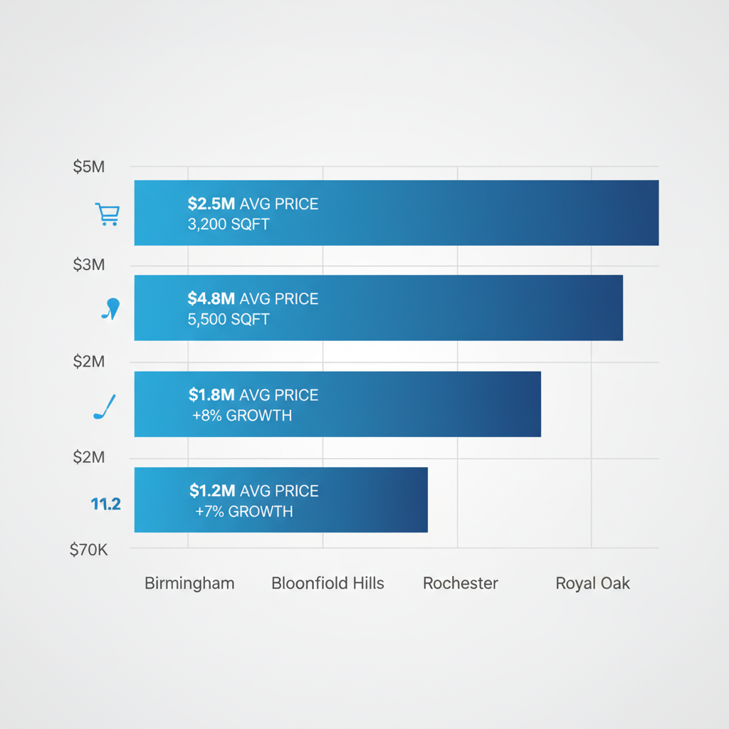 Horizontal bar chart comparing median home prices, sizes, and growth in Oakland County luxury neighborhoods: Birmingham, Bloomfield Hills, Rochester, Royal Oak.