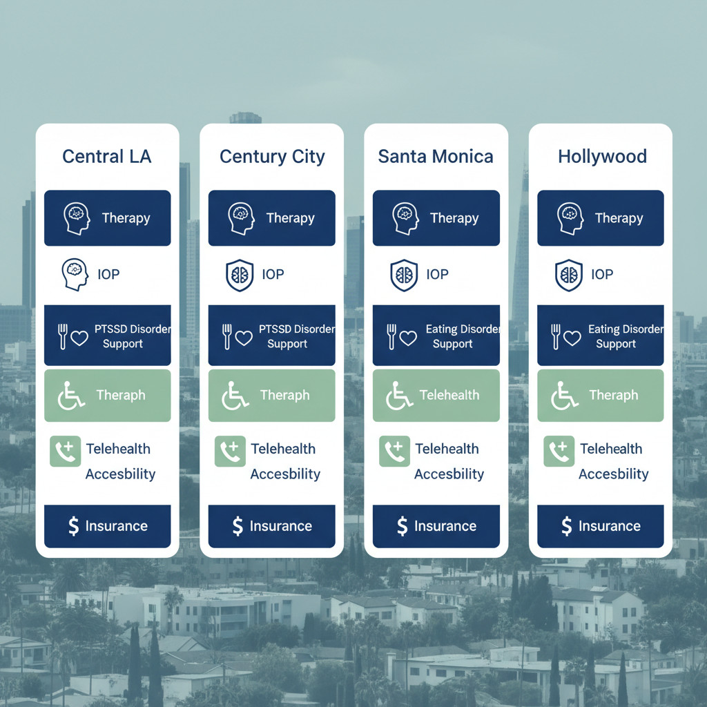 Infographic visualizing comparison of outpatient mental health services in key Los Angeles areas including core therapies, specialized tracks, telehealth, and insurance options