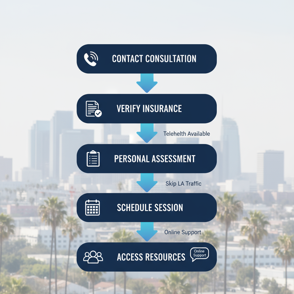 Vertical process flow diagram illustrating the five key steps to start outpatient mental health treatment in Los Angeles