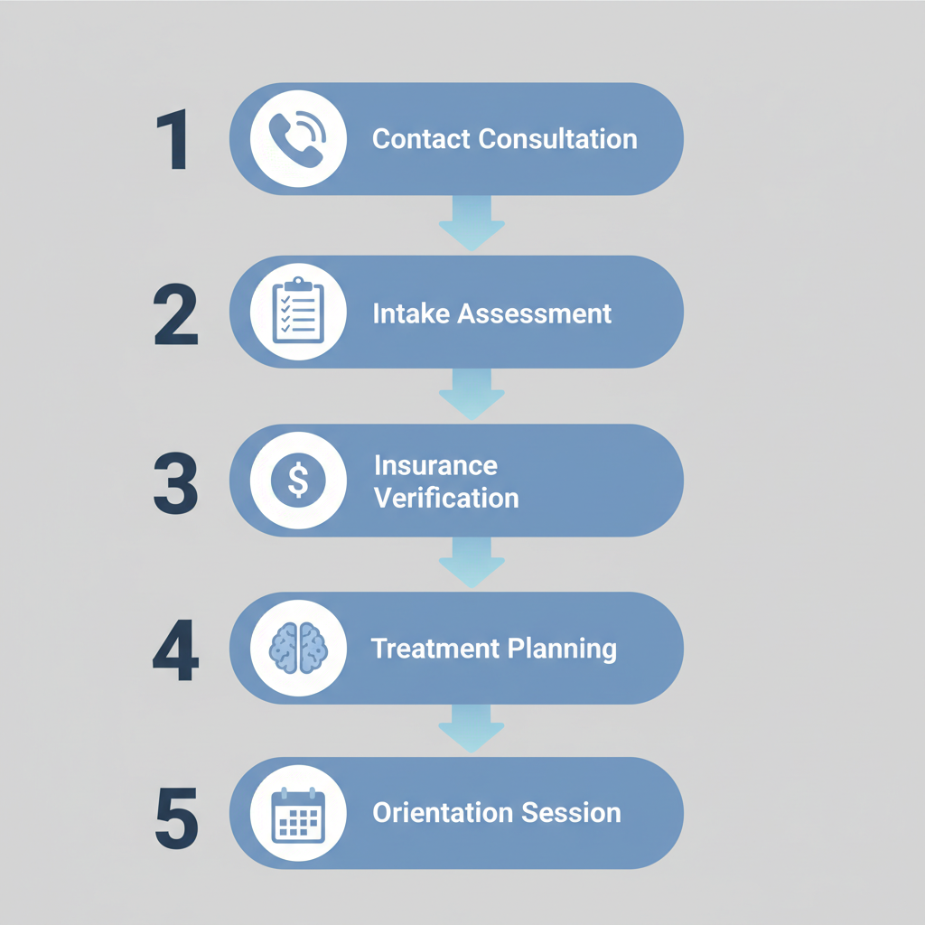 Vertical process flow diagram illustrating the five steps to start IOP treatment at Felicity Mental Health in Los Angeles
