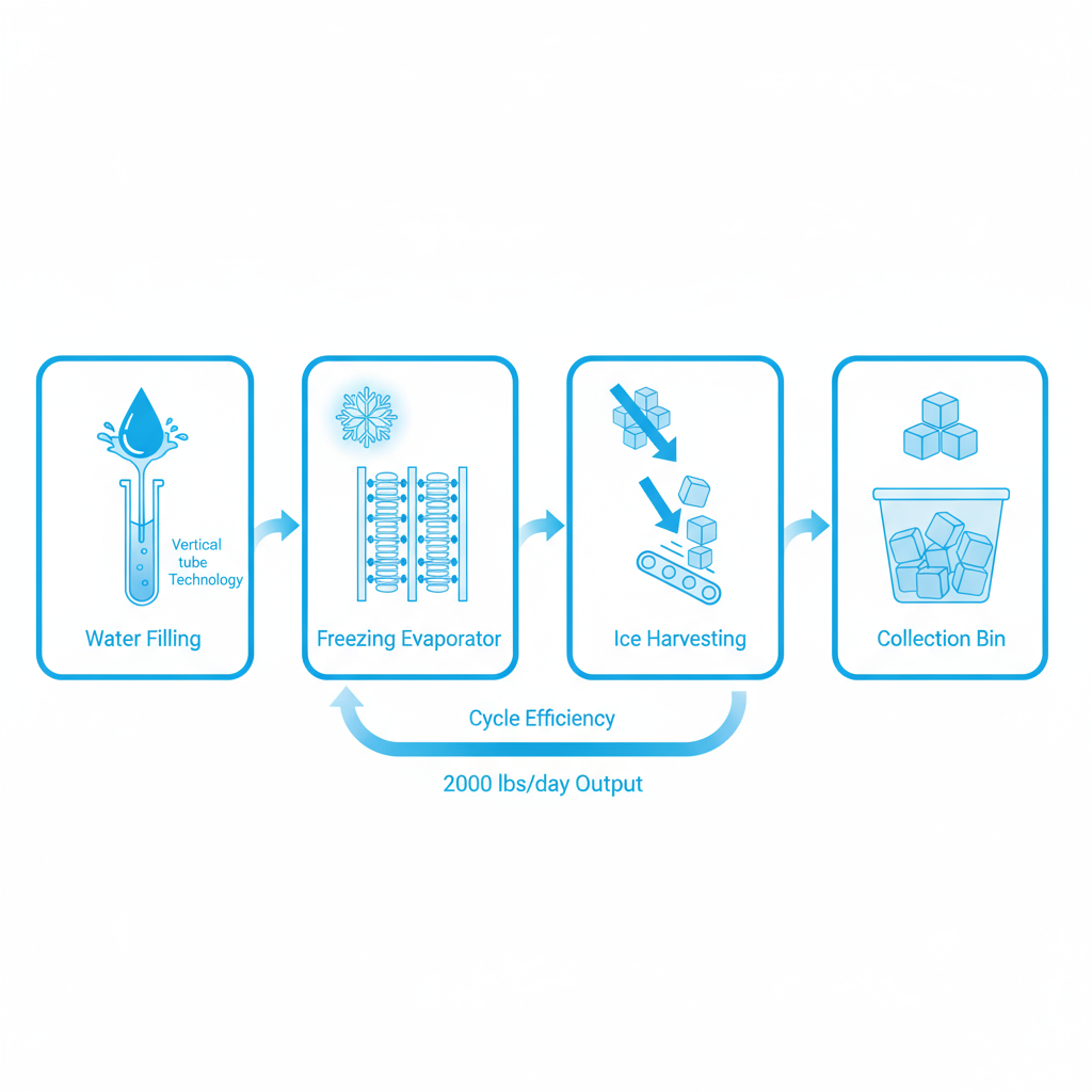Horizontal process flow illustrating rapid ice production stages in vertical tube industrial ice machines