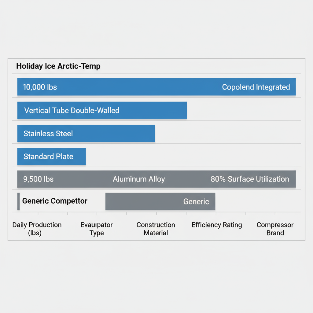 Horizontal bar chart comparing key features of Holiday Ice Arctic-Temp and competitor 5 ton industrial ice machines including production, evaporator, material, efficiency, and compressor.