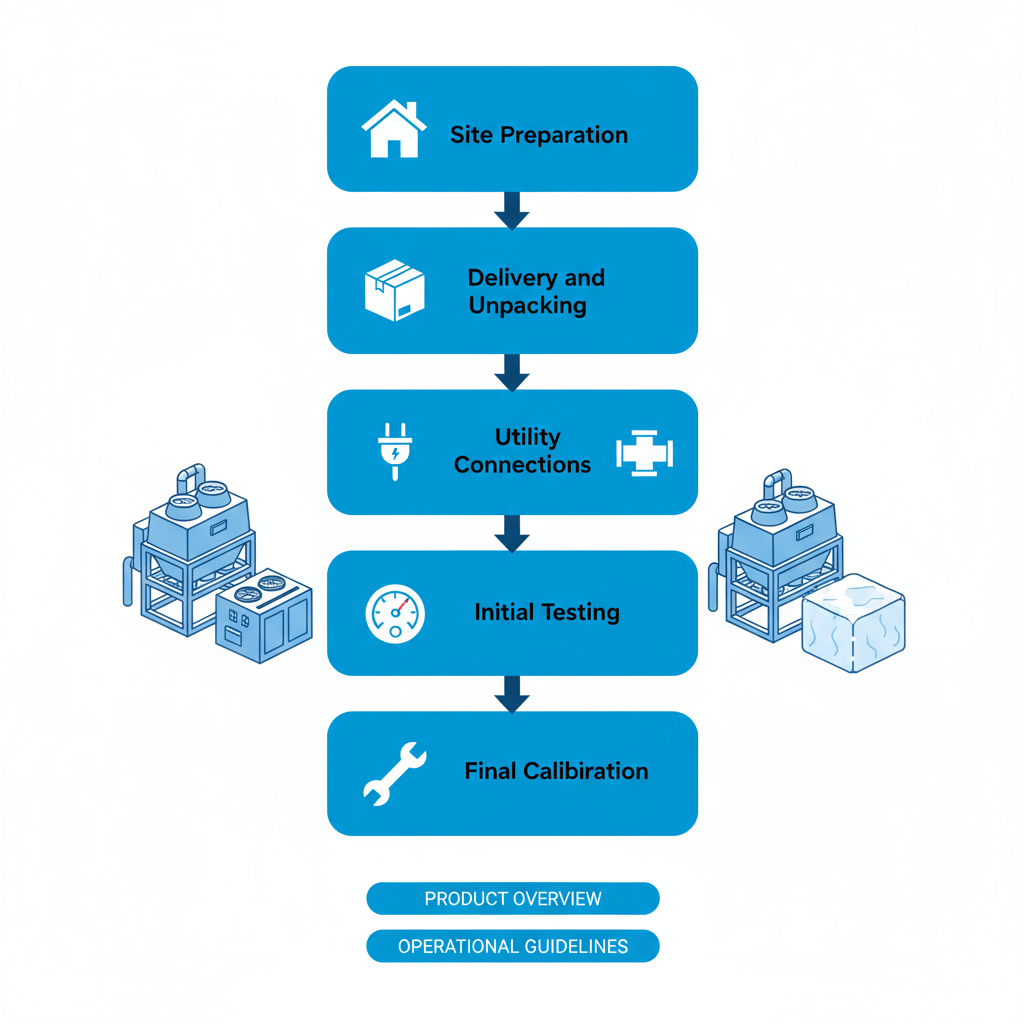 Vertical process flow diagram illustrating the installation stages of a 5 ton industrial ice machine