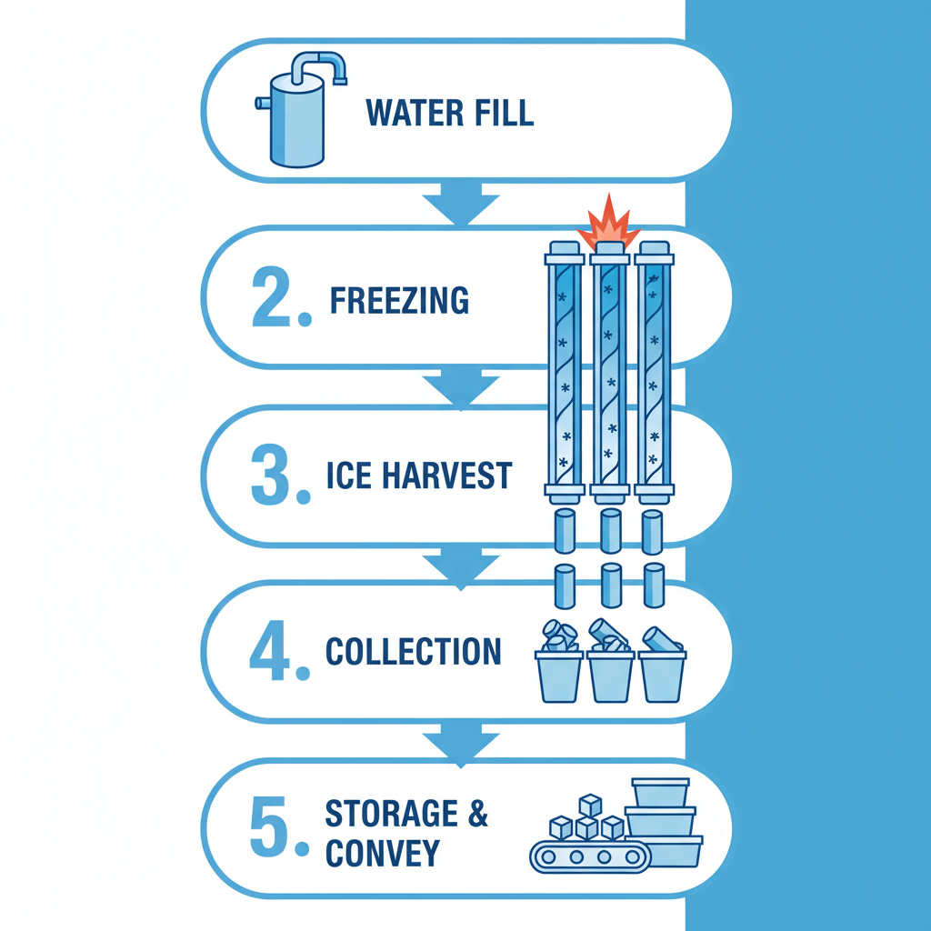 Vertical process flow diagram of ice production cycle for industrial ice machine