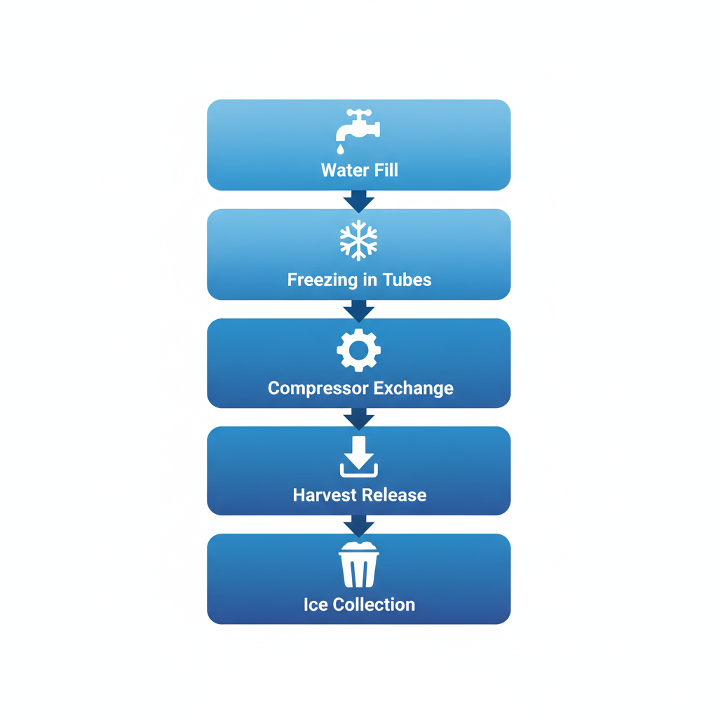 Vertical diagram of five stages in industrial ice production cycle using vertical tube technology