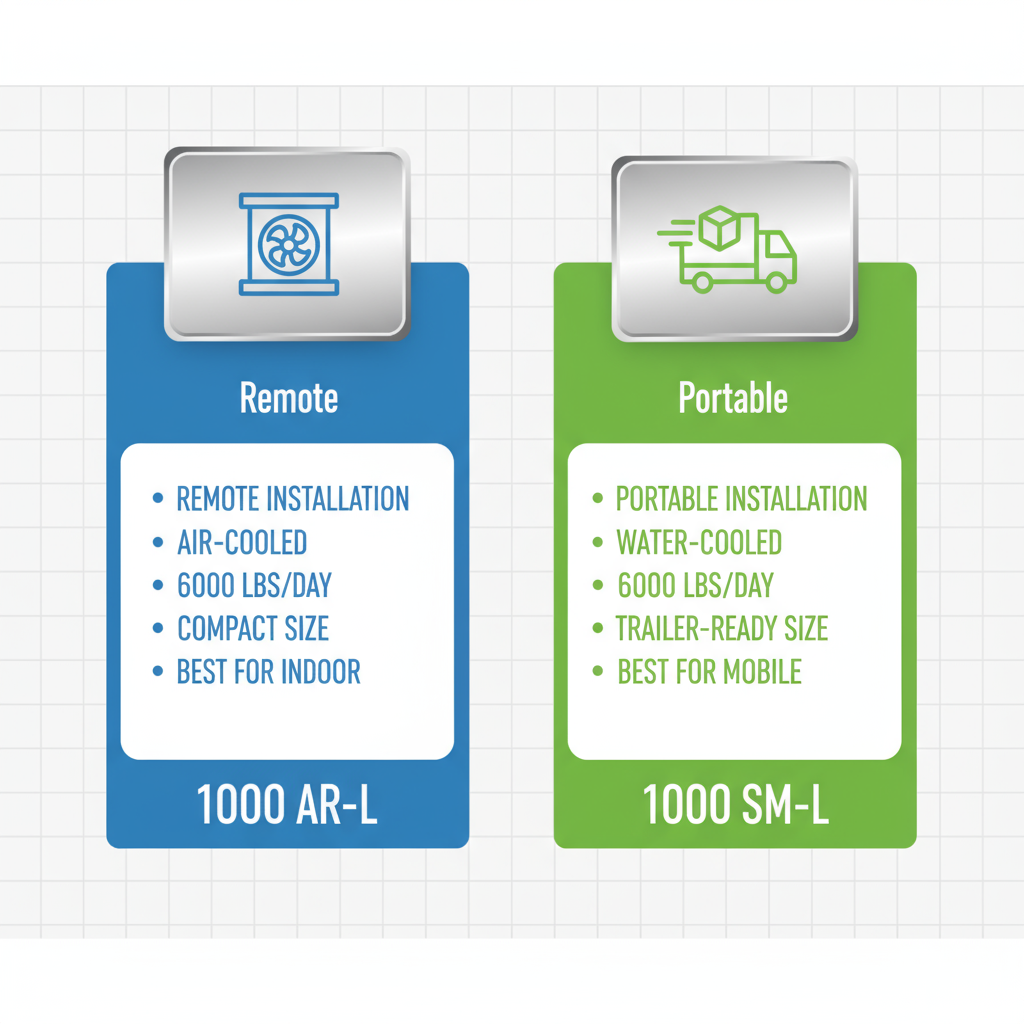 Infographic comparing features of 1000 AR-L and 1000 SM-L 3 ton industrial ice machines