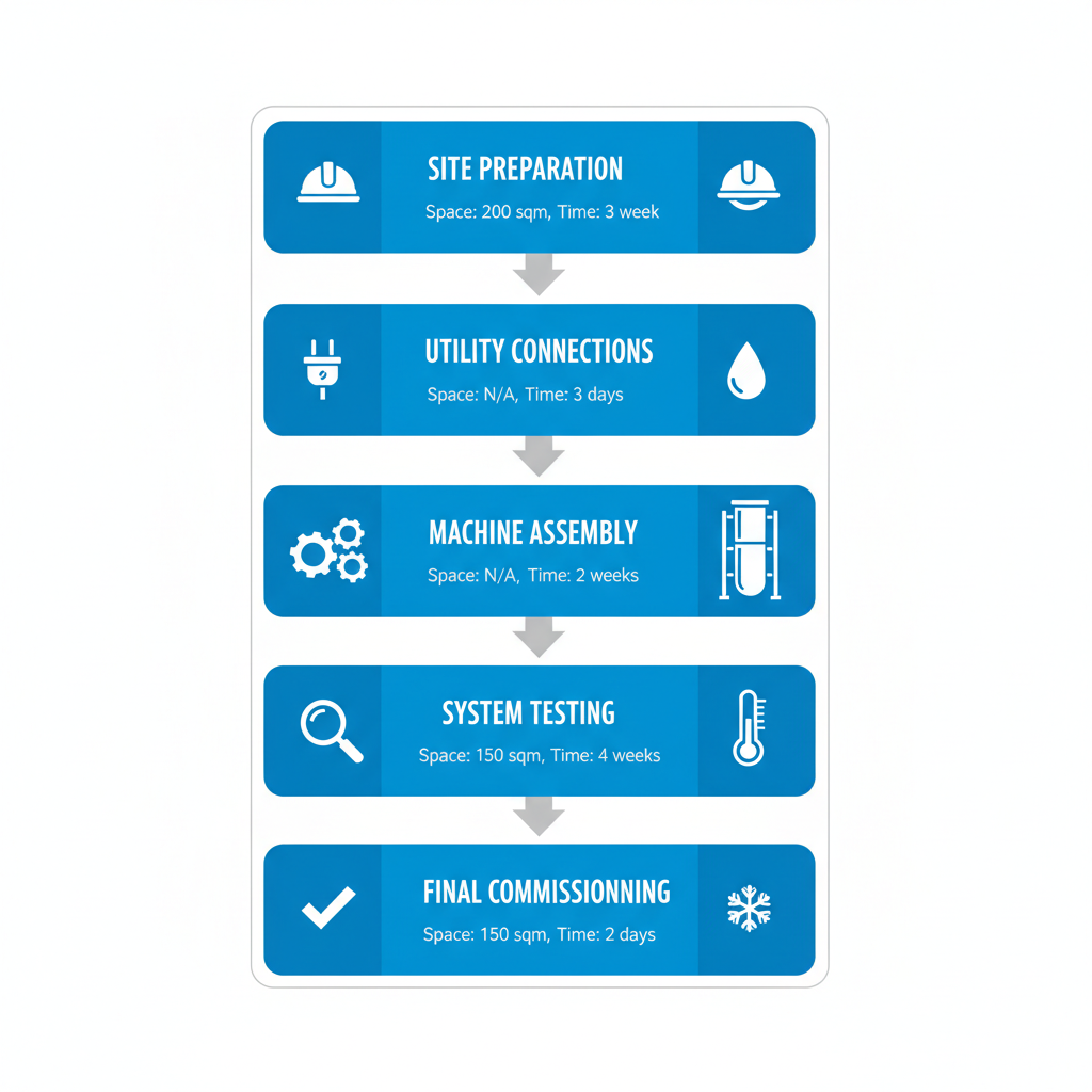 Vertical process flow diagram illustrating installation steps for 3000 lbs industrial ice machine