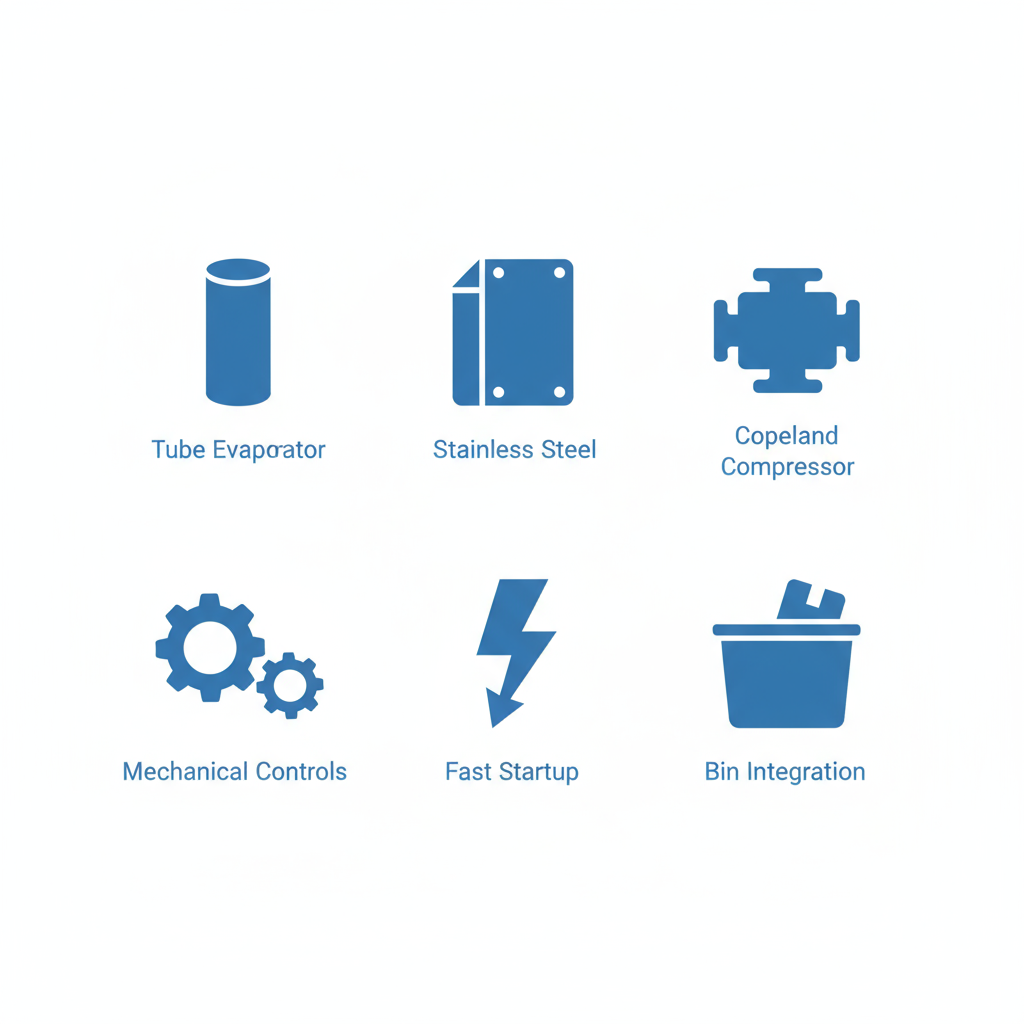 Set of six icons showing key features of the 500 AR-L ice machine: vertical tube evaporator, stainless steel construction, Copeland compressor, simple controls, fast startup, and bin integration.