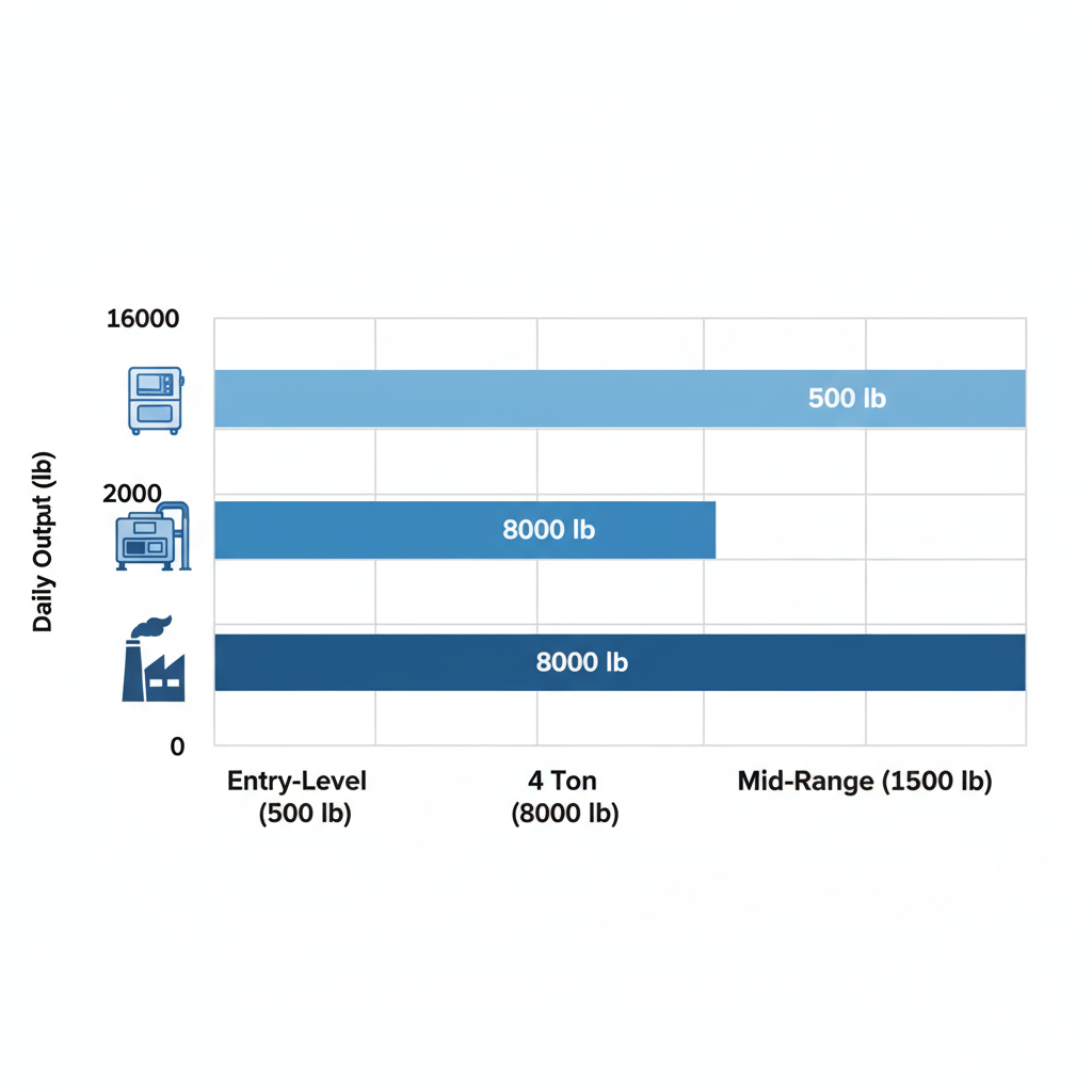 Horizontal bar chart comparing daily ice production capacities of entry-level, 4-ton, and mid-range industrial ice machines with blue gradient bars and icons