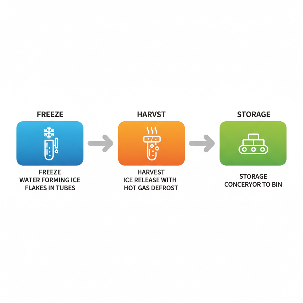 Horizontal process flow diagram showing the three-stage production cycle of a 4 ton ice machine: freezing, harvesting, and storage.