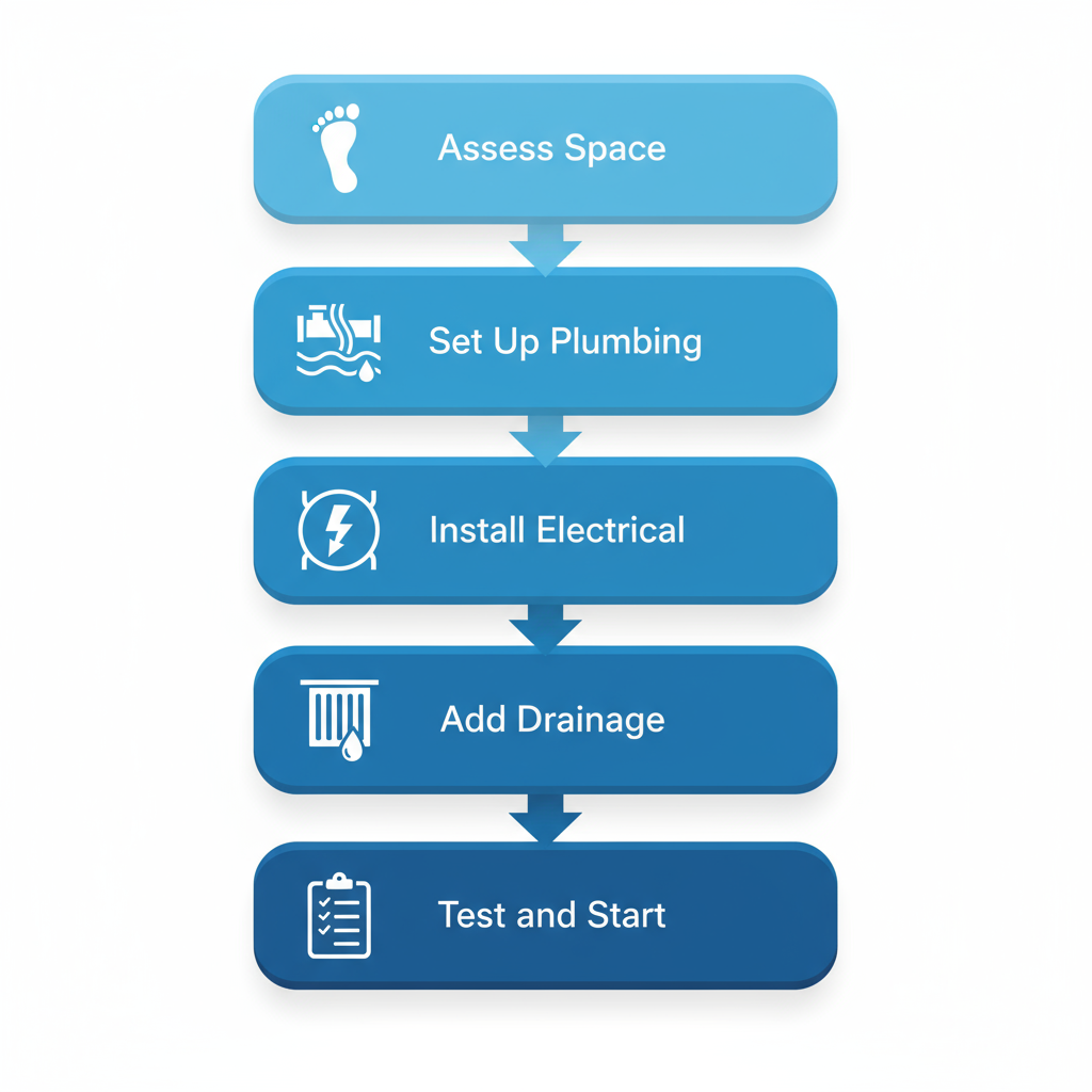 Vertical process flow diagram showing installation stages for industrial ice machines: assessing space, plumbing setup, electrical installation, drainage addition, and testing.