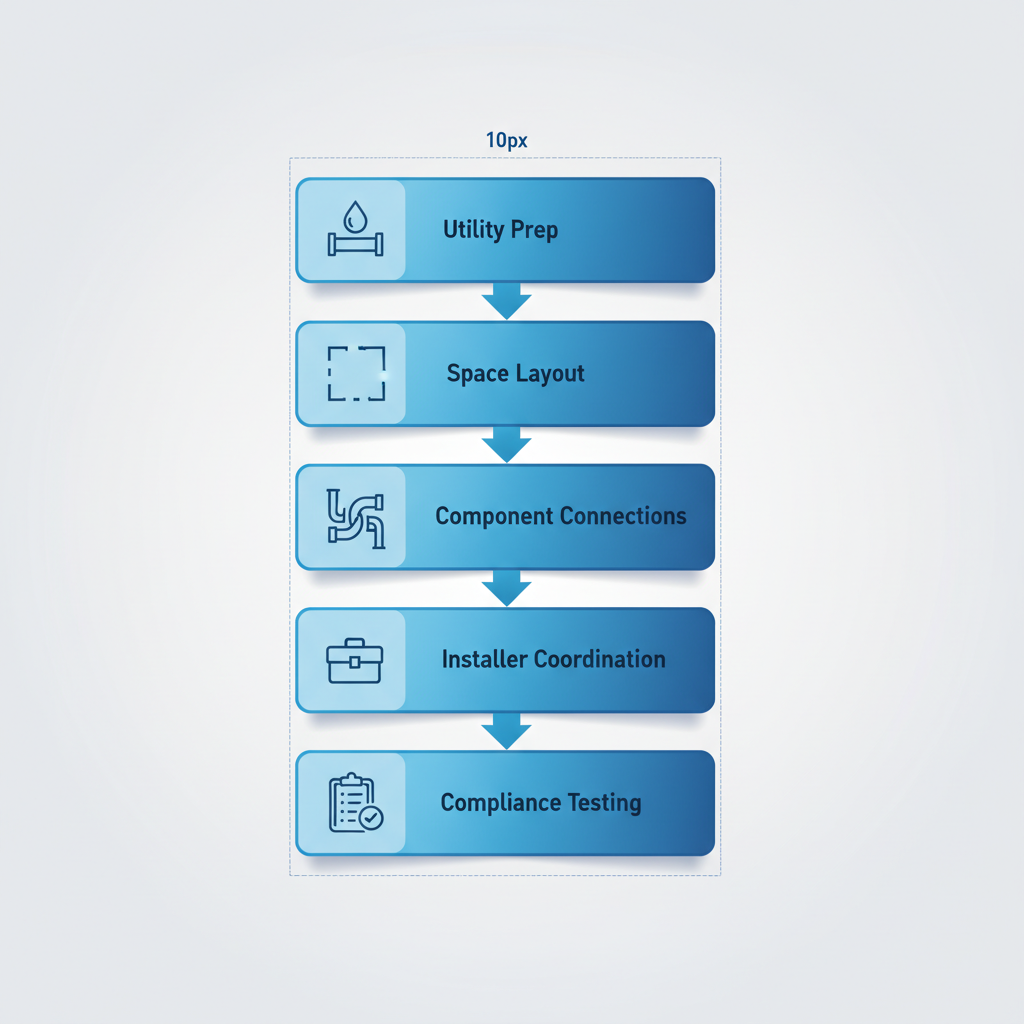 Vertical process flow diagram illustrating five key stages for planning and installing an industrial vertical tube ice machine, including utility preparation, space assessment, connections, coordination, and testing.