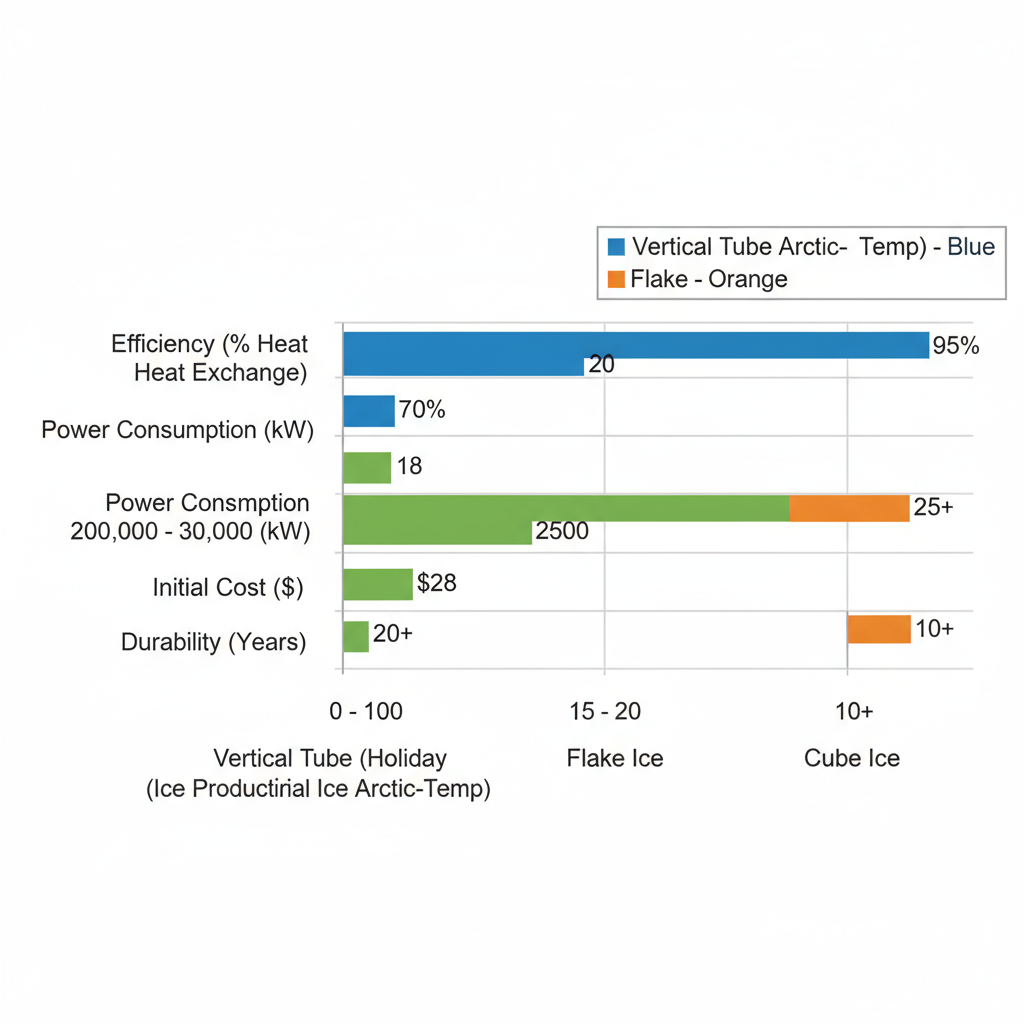 Horizontal bar chart comparing efficiency, power consumption, cost, and durability of vertical tube, flake, and cube ice production technologies for 5000 lbs daily output