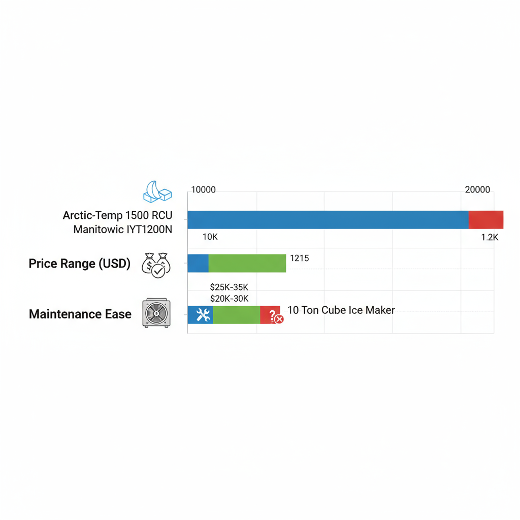 Horizontal bar chart comparing daily production, price range, and maintenance ease of three industrial ice machine models: Arctic-Temp 1500 RCU, Manitowoc IYT1200N, and 10 Ton Cube Ice Maker, with icons for ice types and condenser.