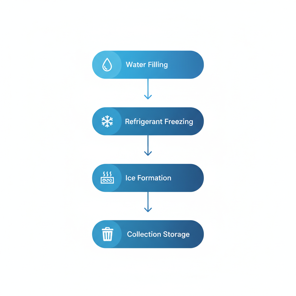 Vertical diagram illustrating the five-stage process of industrial ice production using vertical tube technology