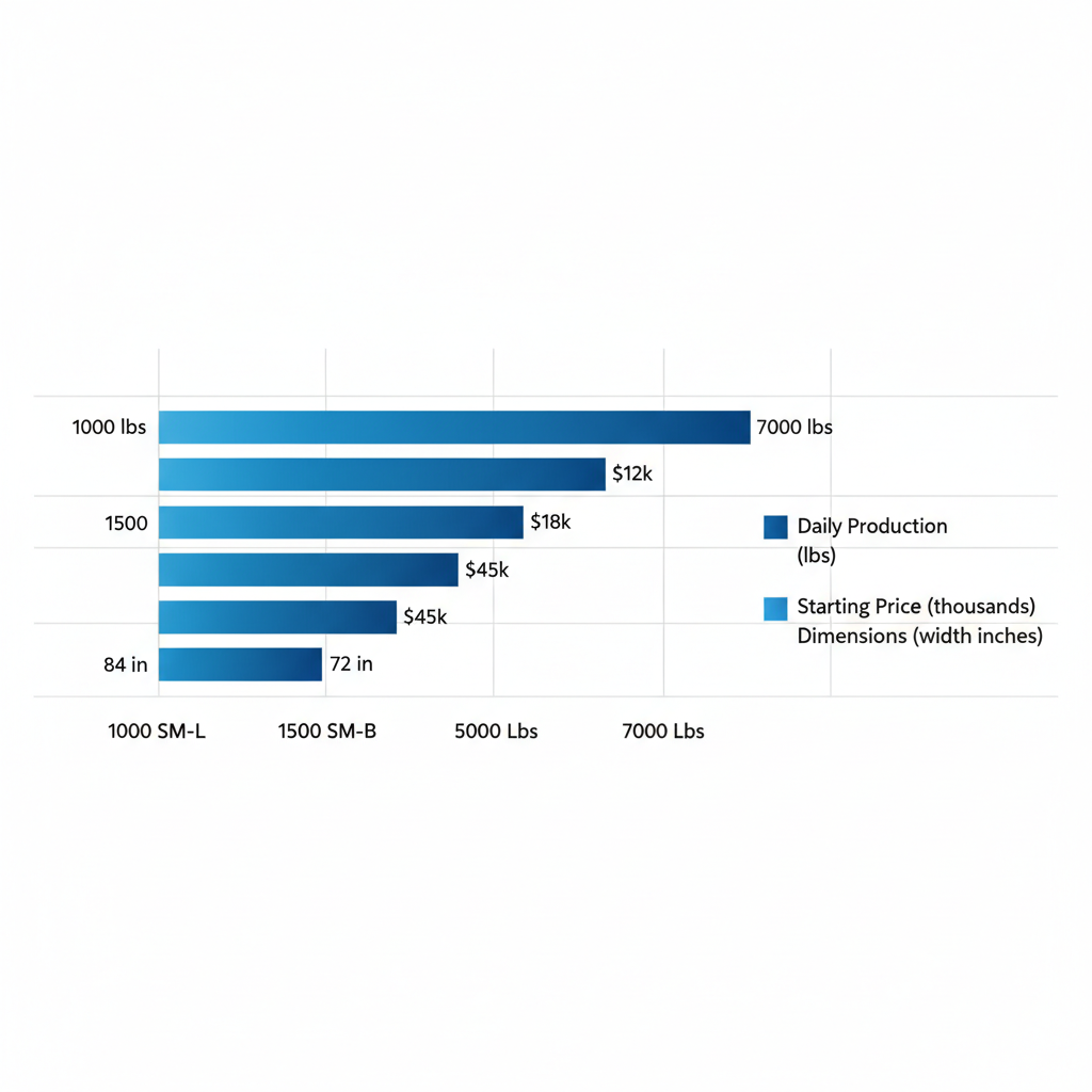 Horizontal bar chart comparing daily production, starting prices, and dimensions of Holiday Ice Arctic-Temp industrial ice models