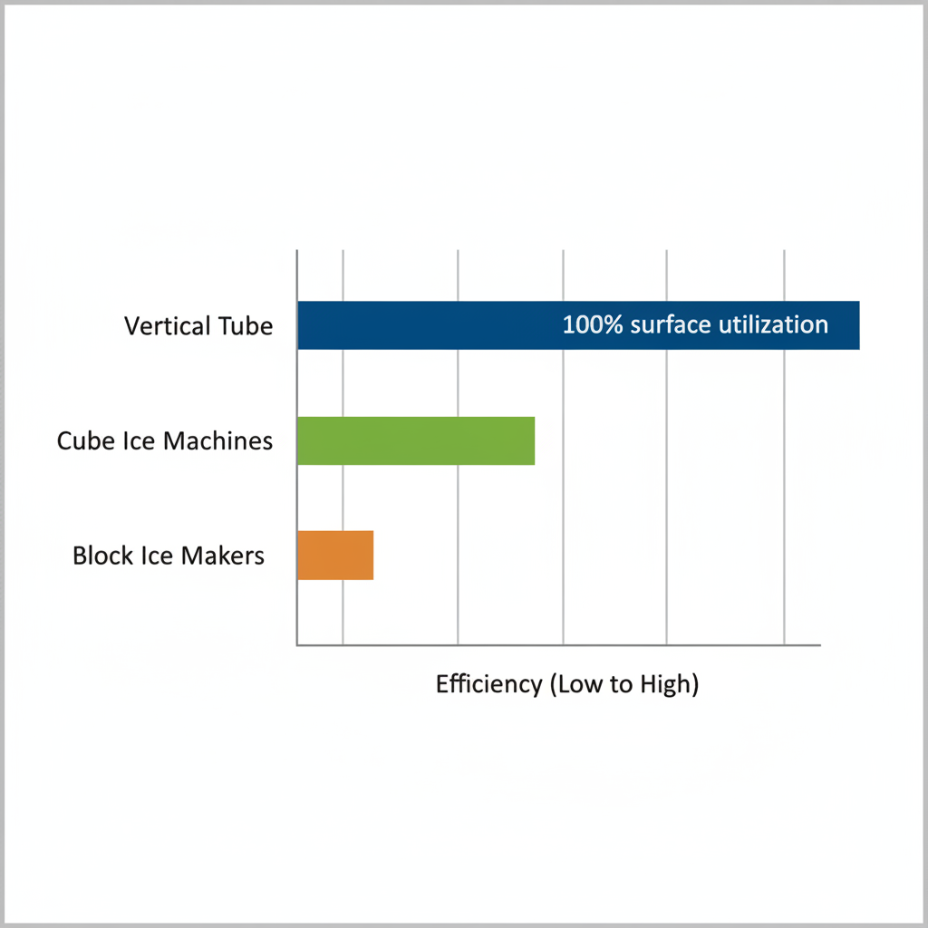 Horizontal bar chart comparing efficiency of Vertical Tube, Block, and Cube industrial ice production technologies with key benefit labels.