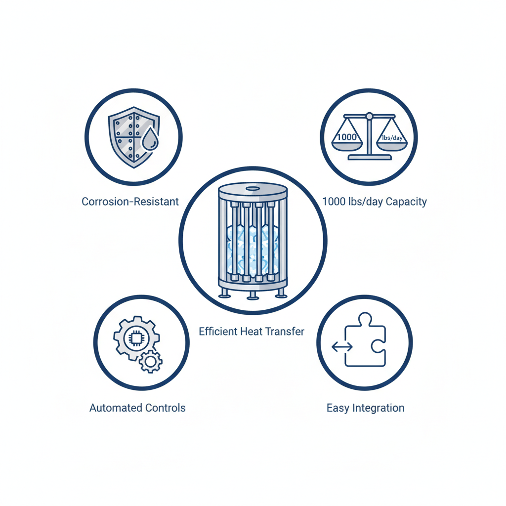 Infographic illustrating key features of the Arctic-Temp 1000 SM-L vertical tube ice maker for poultry chilling, including evaporator and icons for construction, capacity, controls, and integration