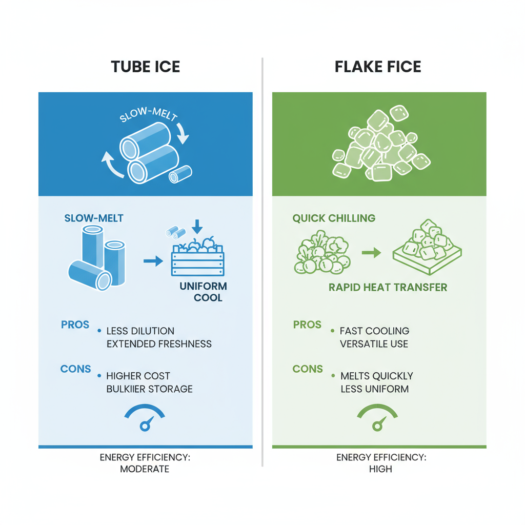Infographic comparing tube ice and flake ice types for produce cooling, highlighting shapes, benefits, and efficiency.