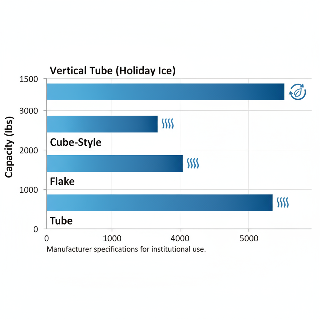 Horizontal bar chart comparing capacities of vertical tube, cube-style, flake, and tube ice makers for correctional facilities