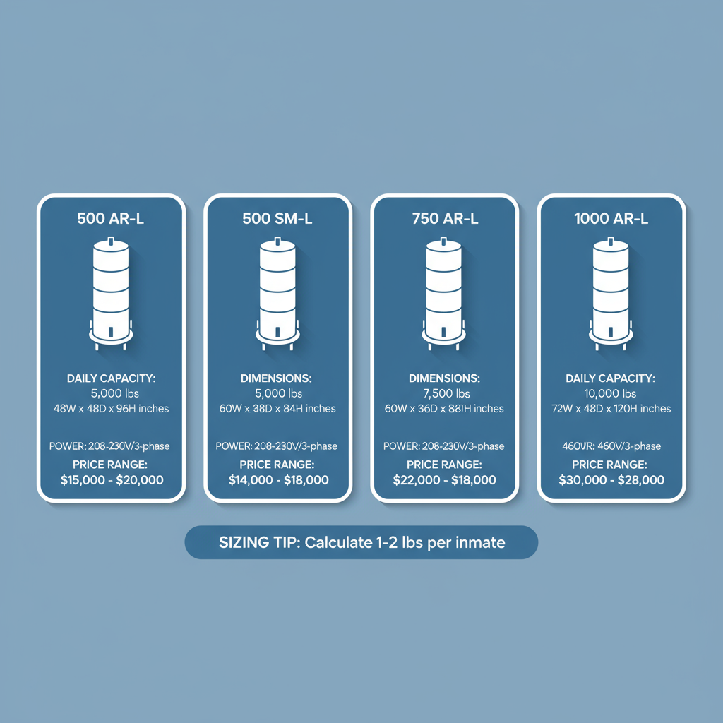 Infographic comparing specifications of four Holiday Ice industrial ice machine models for prison facilities, including capacities, dimensions, power needs, and price ranges