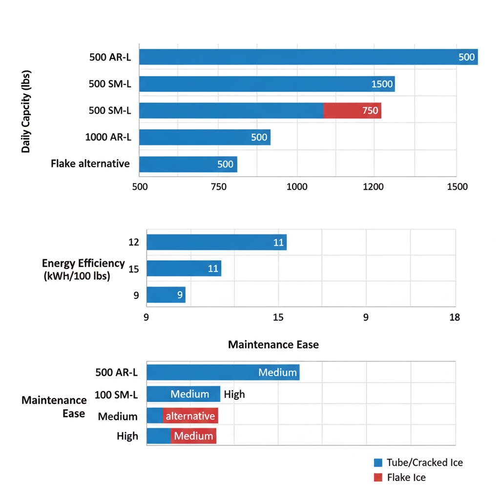 Horizontal bar chart comparing Holiday Ice models and flake alternative on capacity, efficiency, and maintenance for meat processing