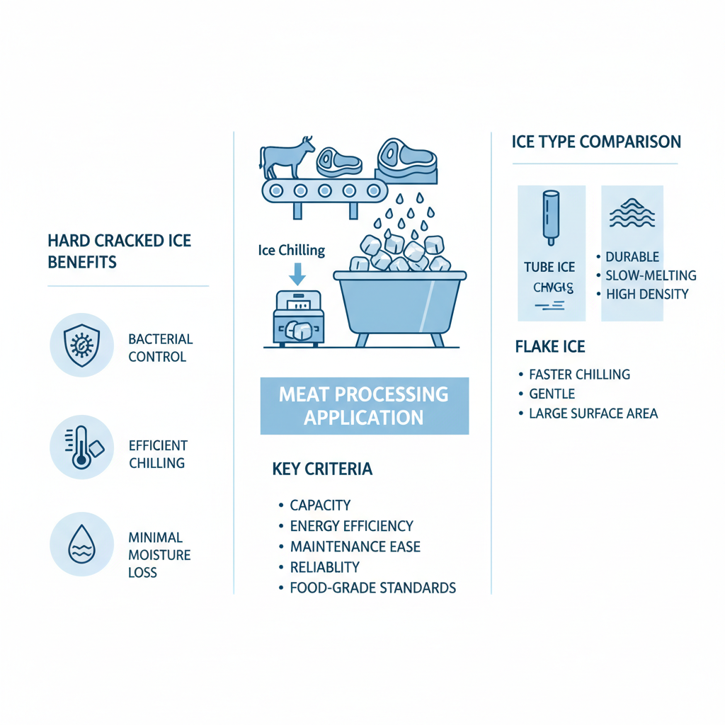 Infographic overview of industrial ice machines benefits, criteria, and types for meat processing