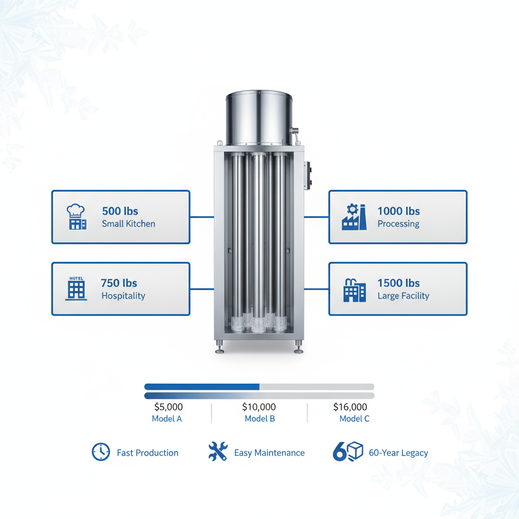 Infographic showing top commercial ice machines with capacities, icons, price ranges, and key benefits