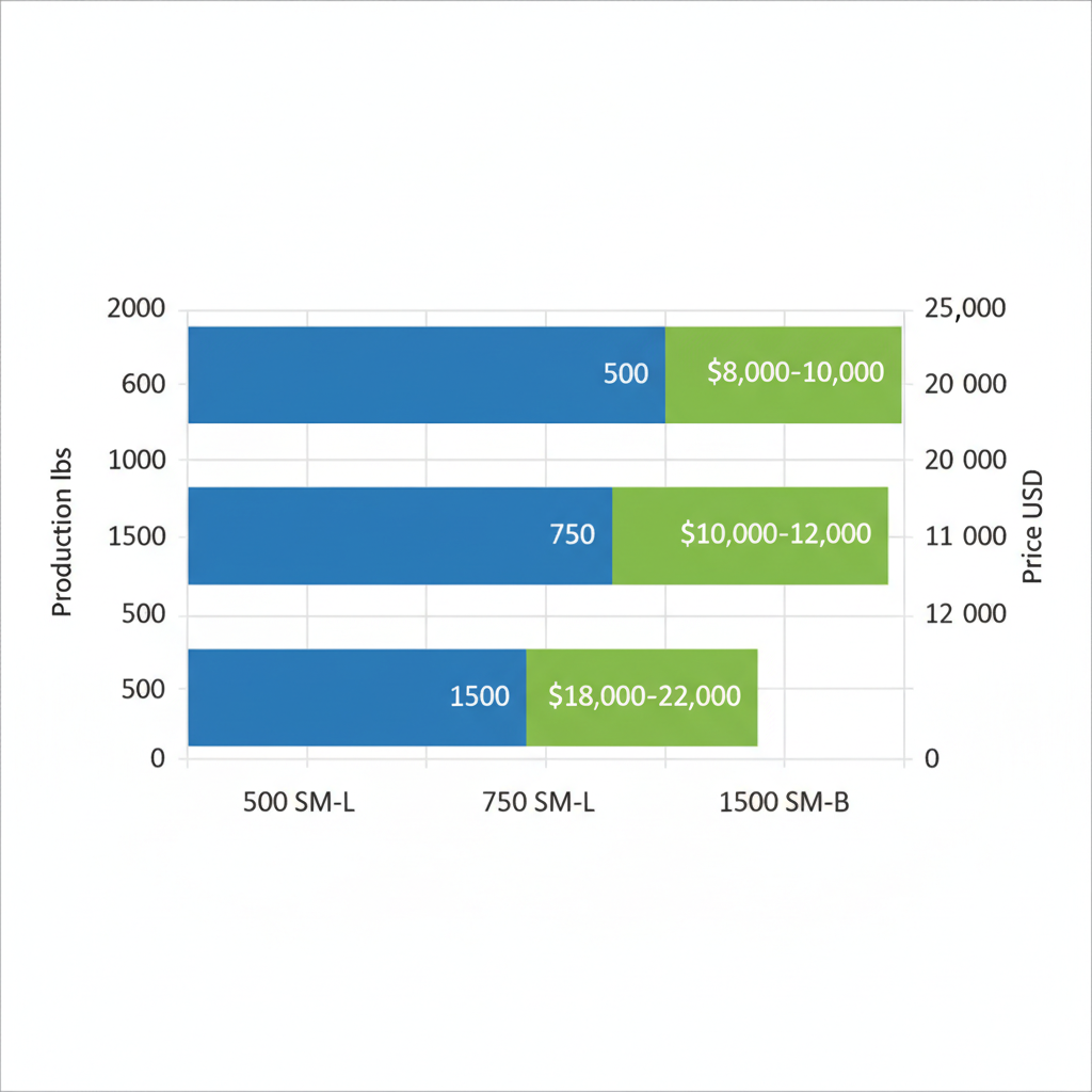 Bar chart comparing daily production capacities in pounds and price ranges in USD for Arctic-Temp outdoor ice machine models 500 SM-L, 750 SM-L, and 1500 SM-B.