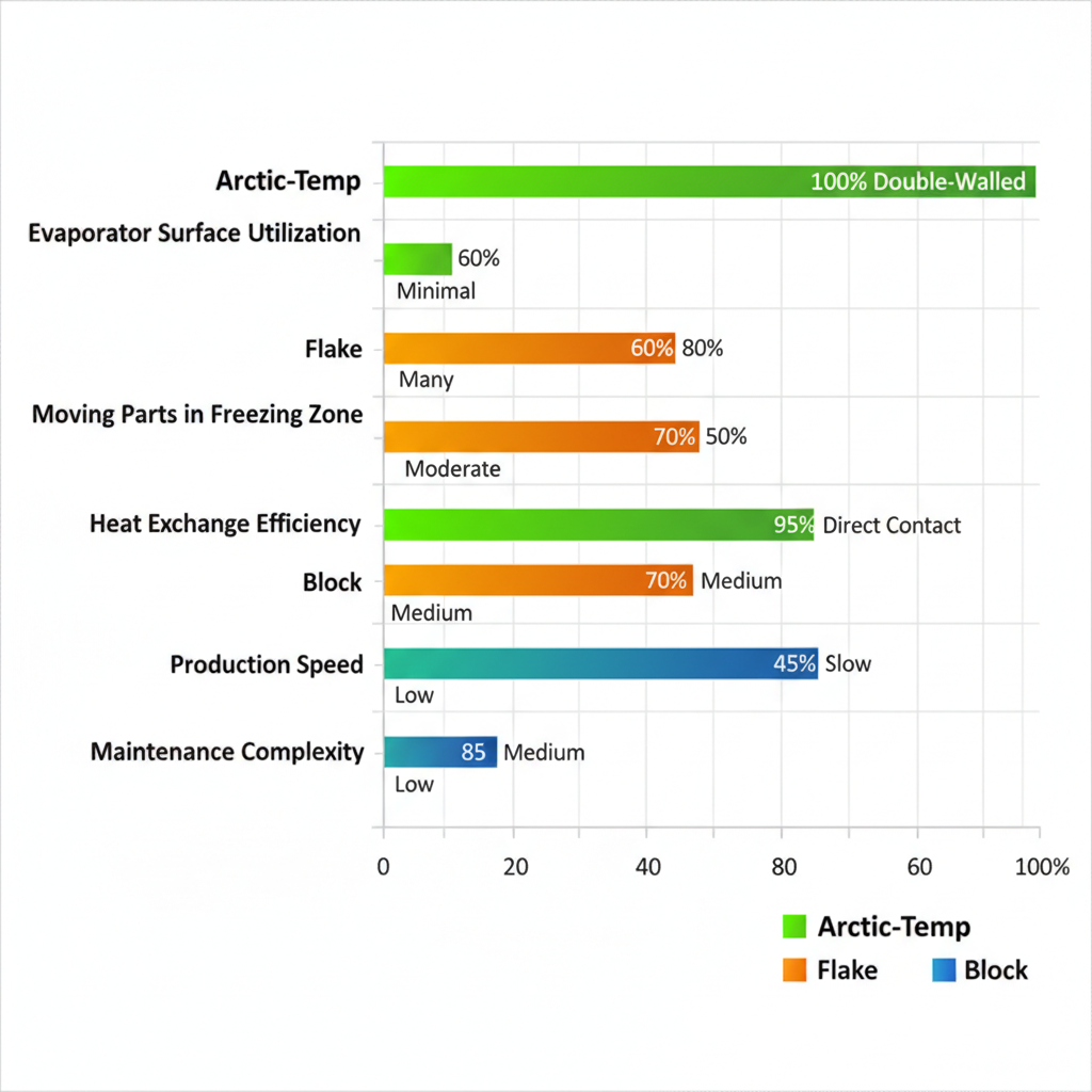 Horizontal bar chart comparing key features of Arctic-Temp vertical tube ice machines against flake and block ice makers