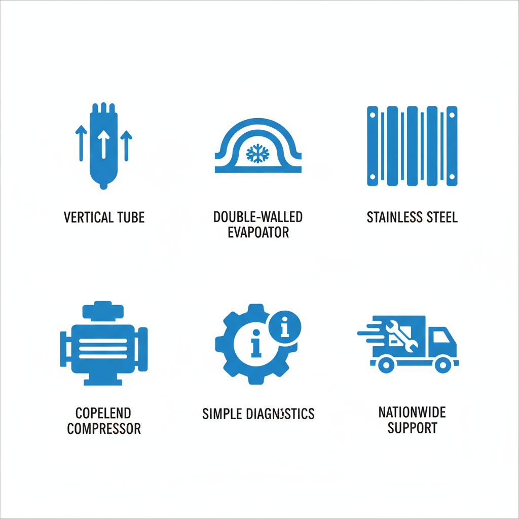 Set of six icons depicting features of the Arctic-Temp 1500 SM-B outdoor ice machine including vertical tube technology, double-walled evaporator, stainless steel construction, Copeland compressor, simple diagnostics, and nationwide parts support.