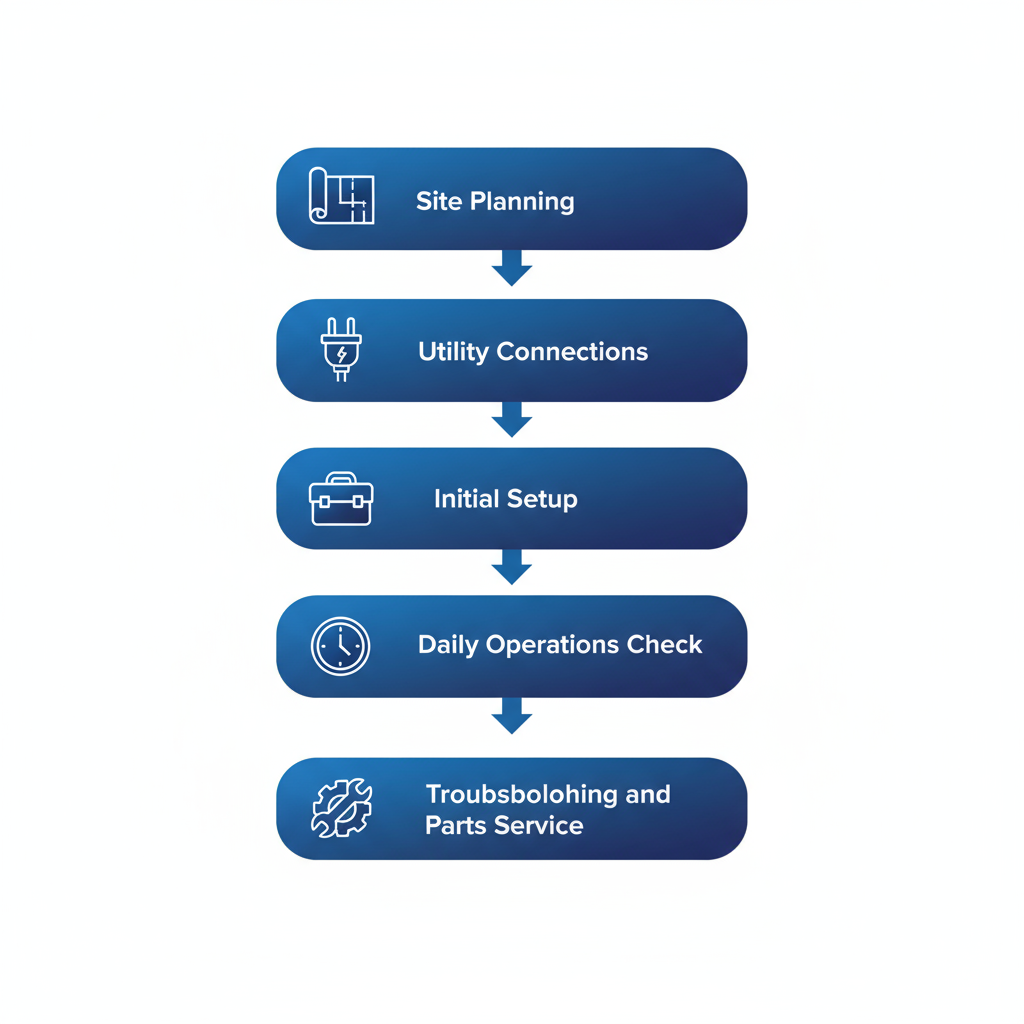 Vertical process flow diagram showing installation and maintenance steps for Arctic-Temp industrial ice machines with icons for each stage